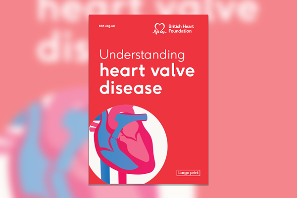 Cover of a booklet in bright red with the title Understanding heart valve disease large print. Image of a heart on the cover.