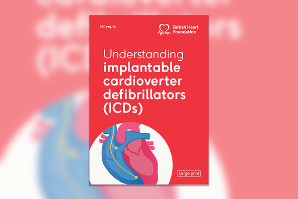 Cover of a booklet in bright red with the title Understanding ICDs large print. Image of heart with yellow electrical leads inside it.