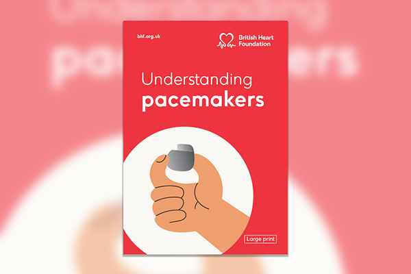 Cover of a booklet in bright red with the title Understanding pacemakers. Image of a large hand holding a small pacemaker in between the thumb and forefinger. 