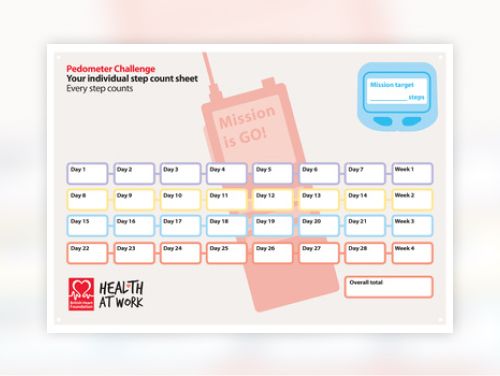Health at Work pedometer challenge - individual step count sheet - BHF