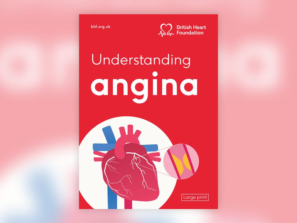 The front cover of BHF booklet, 'Understanding Angina'. And features an illustration of a heart.