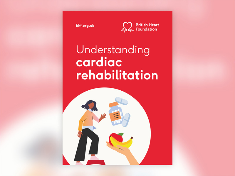 The front cover of BHF booklet, 'Understanding cardiac rehabilitation'. And features illustrations of a person exercising, medicine and a hand holding up fruit.