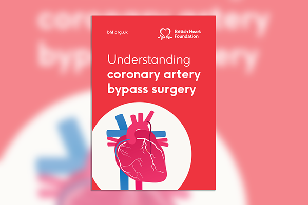 Red booklet cover that says Understanding coronary artery by[ass graft surgery. Image on the booklet shows a heart with bypass grafts on it,