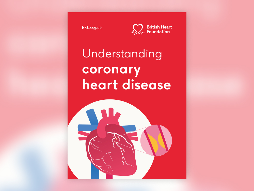 The front cover of BHF booklet, 'Understanding Coronary Heart disease'. And features an illustration of a heart and a coronary artery with plaque (fatty build-up).