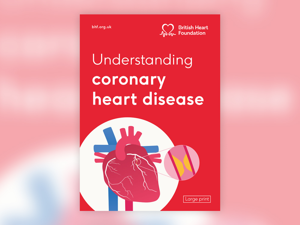 The front cover of BHF booklet, 'Understanding Coronary Heart disease'. And features an illustration of a heart and a coronary artery with plaque (fatty build-up).