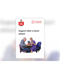 Thumbnail of the booklet Support after a heart attack with the words easy read in the top left and British Heart Foundation's logo in the top right. Shows a female nurse in purple scrubs giving information to a male patient in a grey jumper.