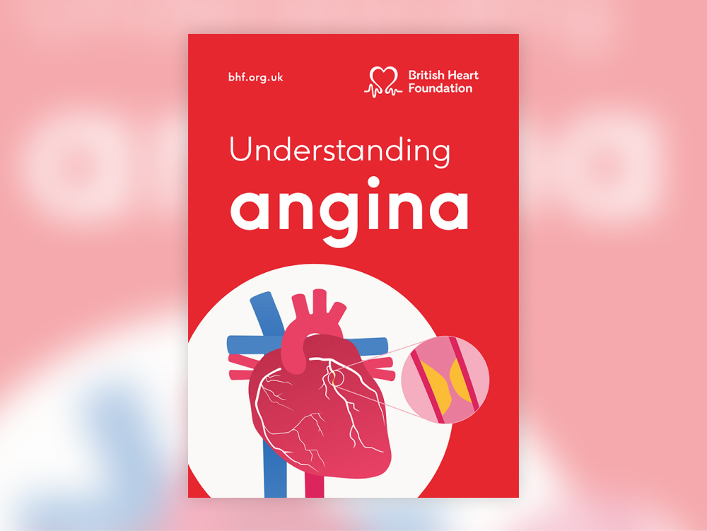 The front cover of BHF booklet, 'Understanding Angina'. And features an illustration of a heart.