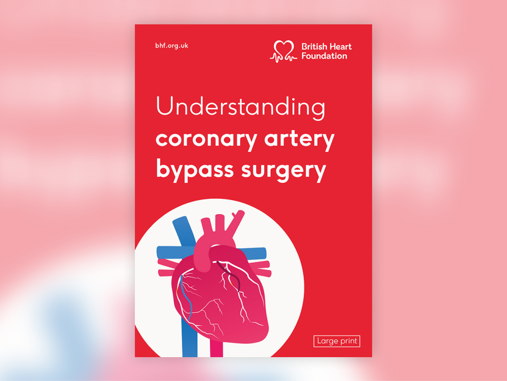 The front cover of BHF booklet, 'Understanding Coronary Artery Bypass Surgery'. And features an illustration of a heart.
