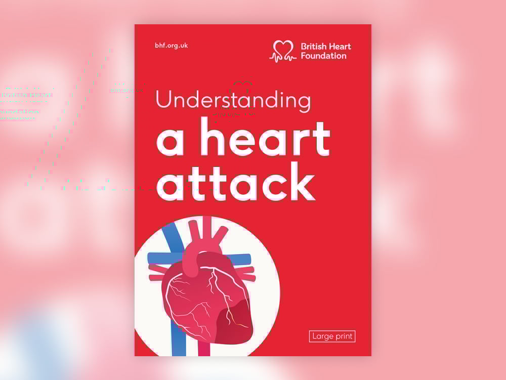 The front cover of BHF booklet, 'Understanding a Heart Attack'. And features an illustration of a heart.
