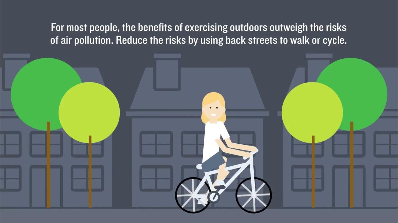 Illustration of a woman with blonde shoulder length hair on a bike cycling past buildings and trees