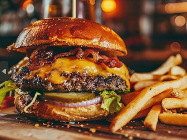 a hamburger with chips sat beside it