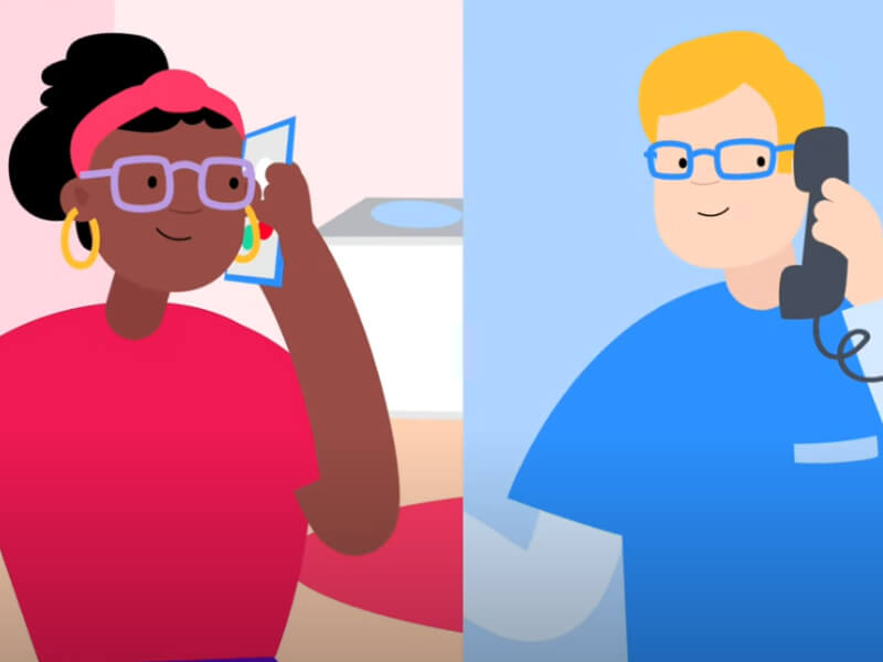 An illustration of two people on a phone: one is a professional, the other is a patient.