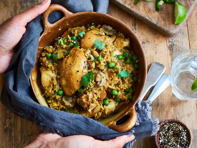 Baked biryani chicken and rice