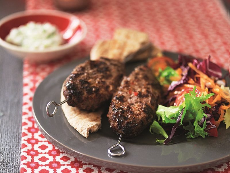 Beef kofta kebabs with cucumber and yoghurt dip
