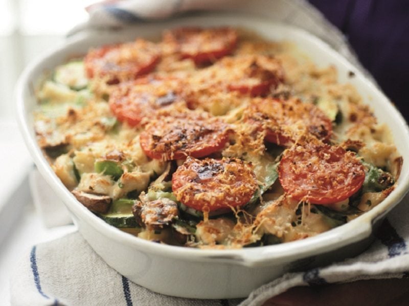 Chicken and chestnut mushroom pasta bake
