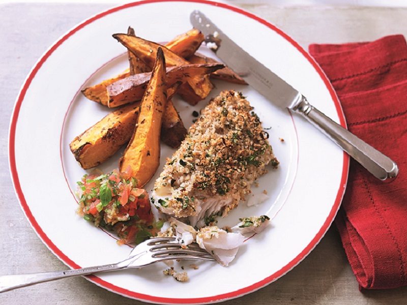 Herb-breaded fish with sweet potato wedges