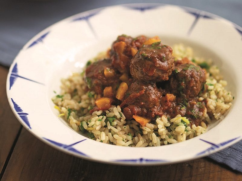 Moroccan spiced meatballs with herby brown rice