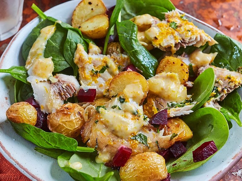 Roasted mackerel new potatoes beetroot