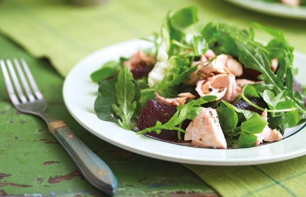 Salmon with honey-roast beetroot salad