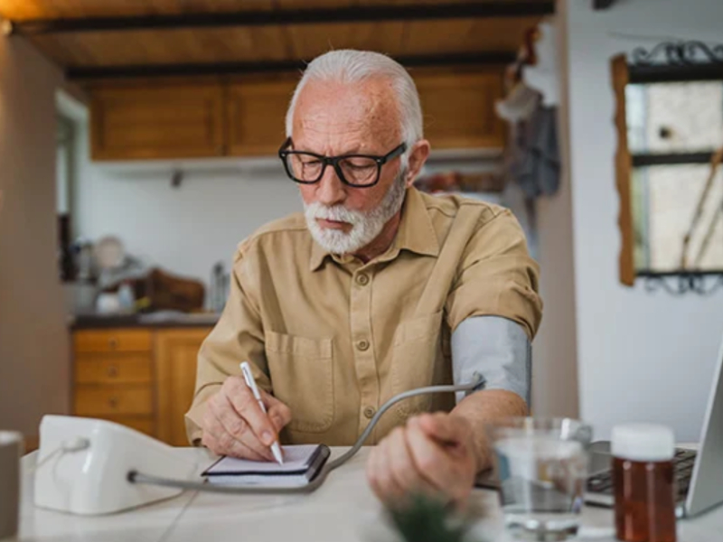 A man using a blood pressure monitor at home