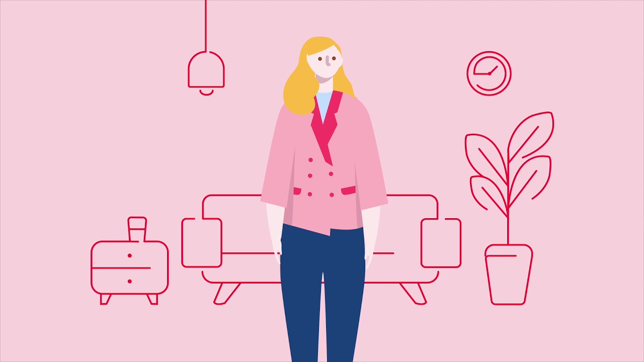 Illustration of a woman with blonde hair and pink top standing in front of a sofa and houseplants