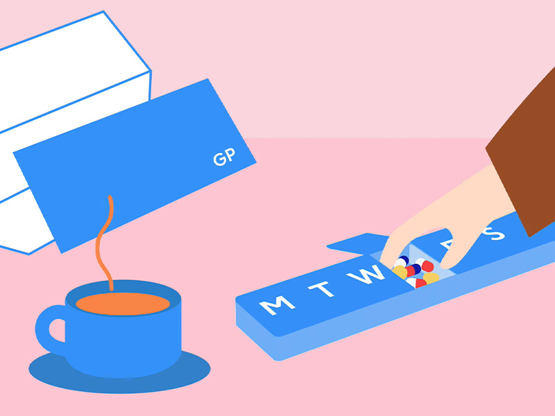 Illustration showing table with a GP letter, a cup of tea and a pill box.