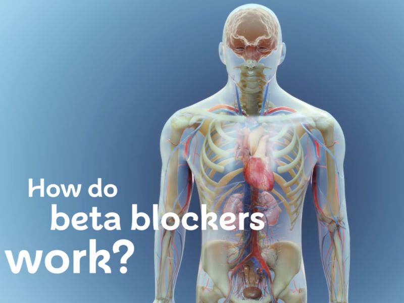 Diagram of human body with text saying 'How do beta blockers work?