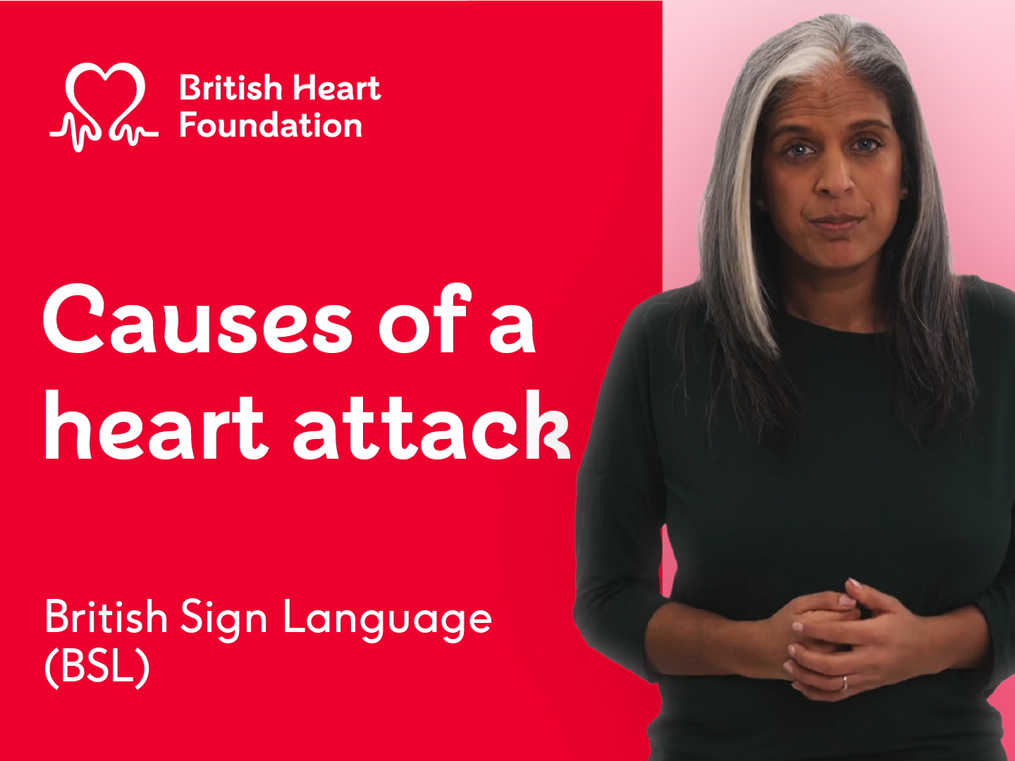 Thumbnail showing a woman with dark hair on a pink background. On the left hand side is a red background with white text that reads Causes of a heart attack. 