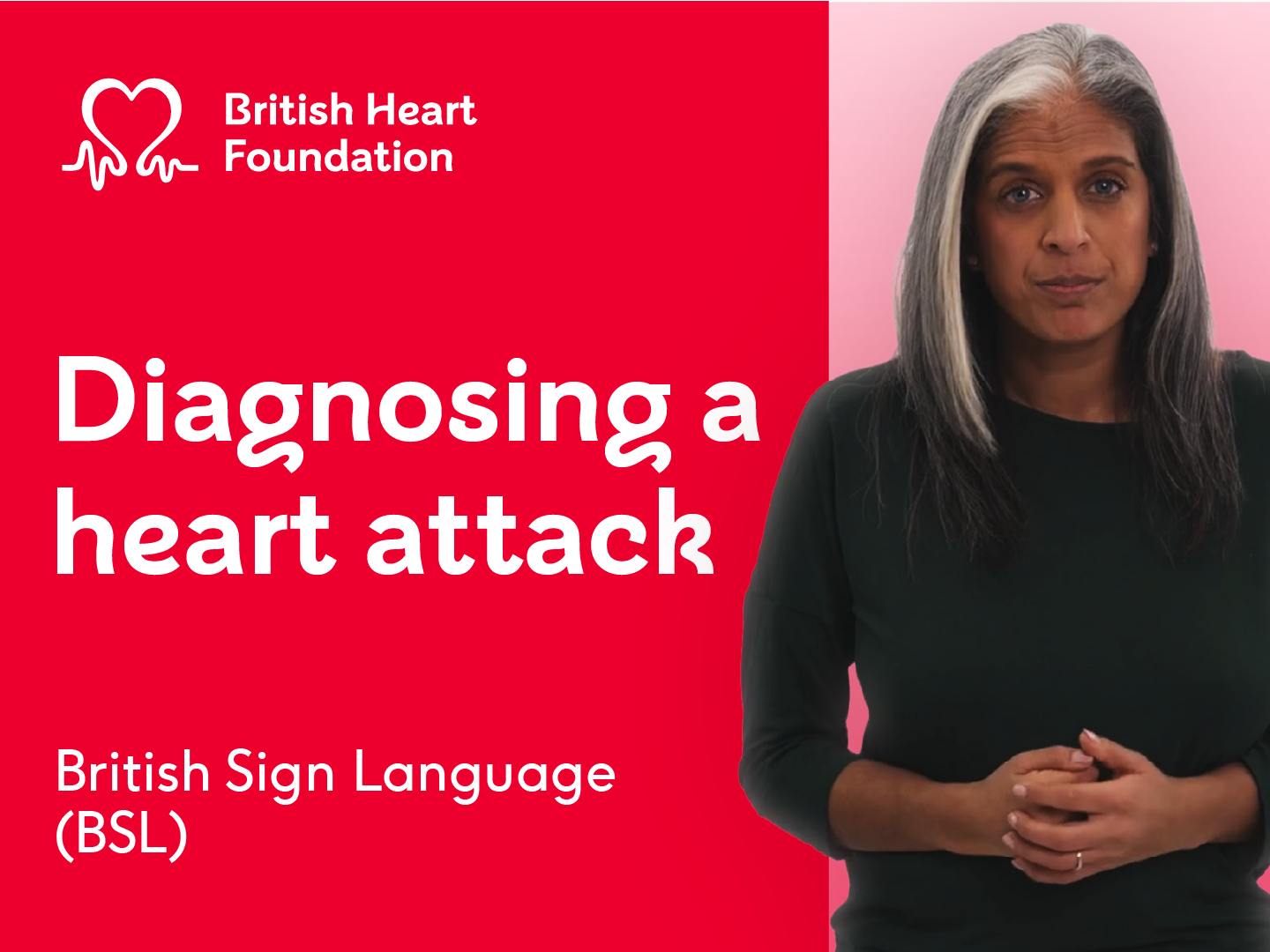 Thumbnail showing a woman with dark hair on a pink background. On the left hand side is a red background with white text that reads Diagnosing a heart attack.