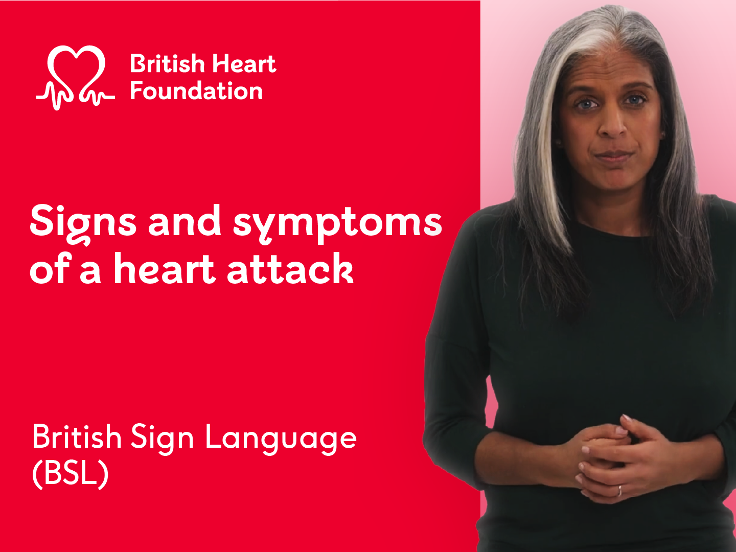 Thumbnail showing a woman with dark hair on a pink background. On the left hand side is a red background with white text that reads Signs and symptoms of a heart attack.