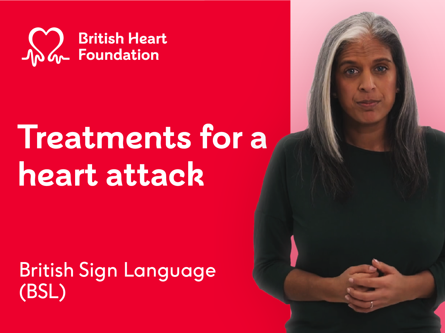 Thumbnail showing a woman with dark hair on a pink background. On the left hand side is a red background with white text that reads Treating a heart attack.