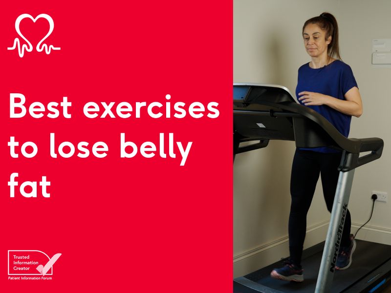 A woman running on a treadmill. On the left is a red background with white text that says 'Best exercises to lose belly fat'.