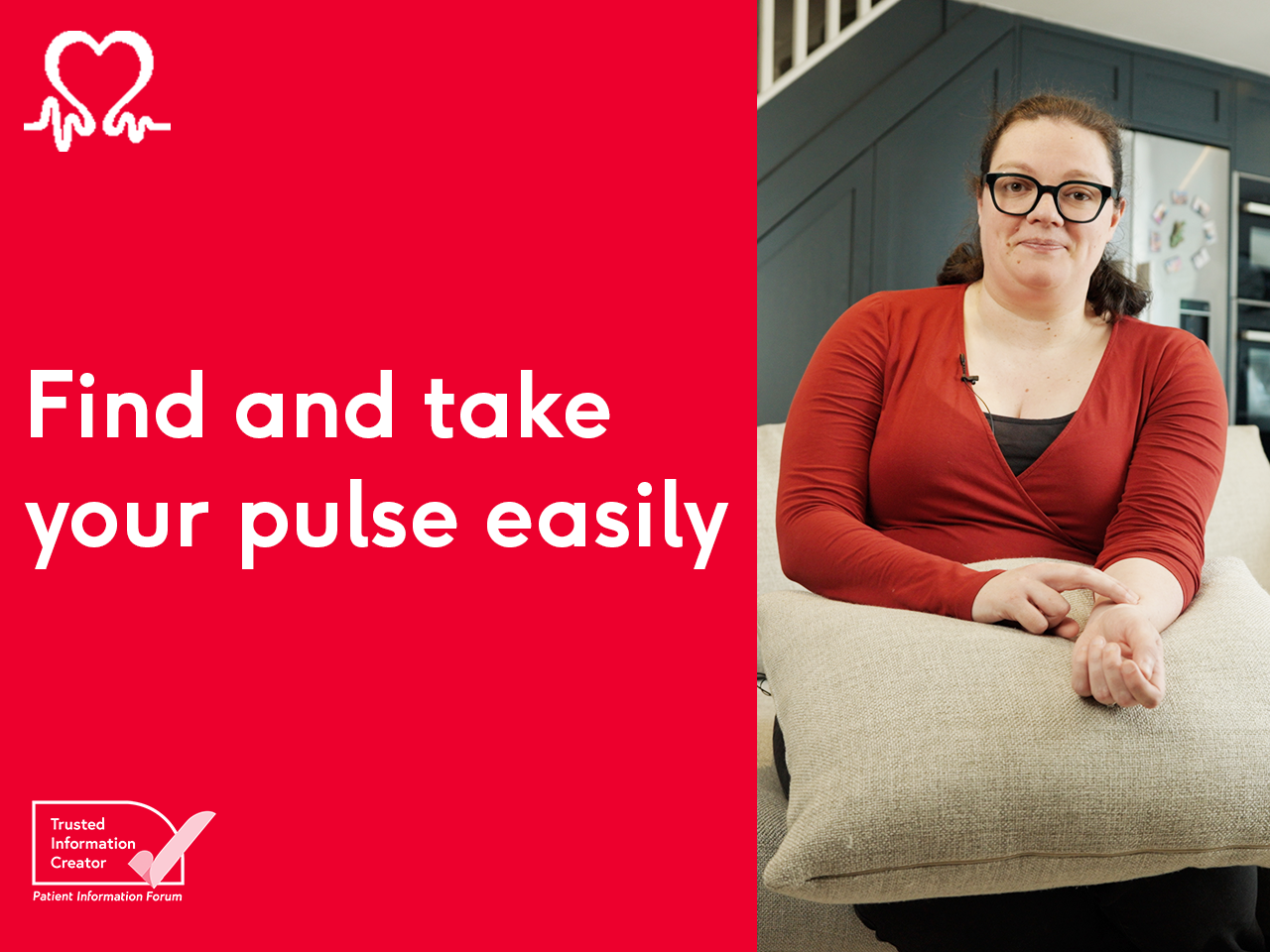 Right-hand side of the image shows a woman in glasses with dark hair and a red top feeling the pulse on her wrist. On the left-hand side of the image is a red background with the words find and take your pulse easily in white text.