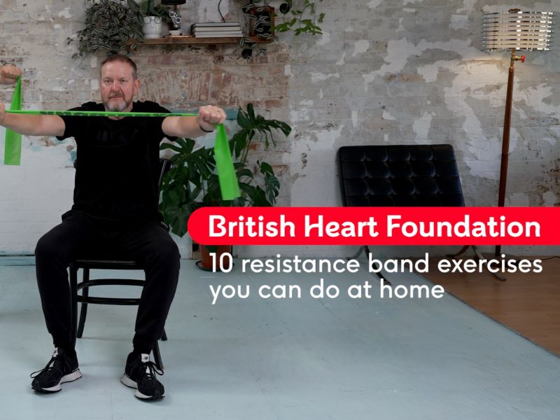 Peter exercising with a resistance band with the text '10 resistance band exercises you can do at home'
