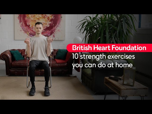 Jack performing a bicep curl with the text "10 strength exercises you can do at home"