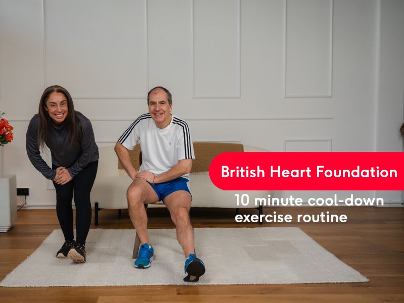 Hara and Stefano performing a hamstring stretch with the text '10 minute cool-down exercise routine