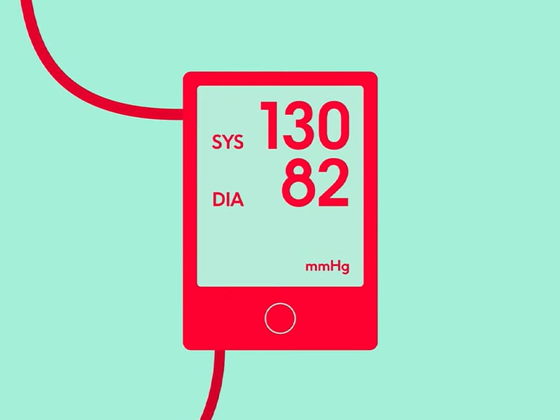 Thumbnail of the 'understanding blood pressure' video. Showing an illustration of a blood pressure monitor with the reading 130/82 mm Hg.