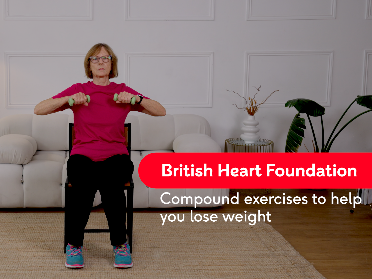 Nicola performing a chest press with the text "Compound exercises to help you lose weight".