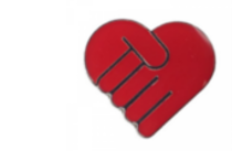 Red heart pin badge with joined hands