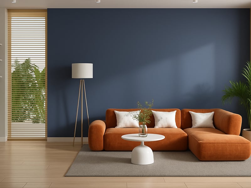 Orange sofa in a room with blue walls