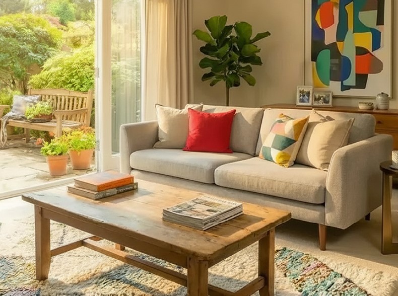 A sunny living room with white walls, a wooden coffee table and a white sofa with colourful cushions.