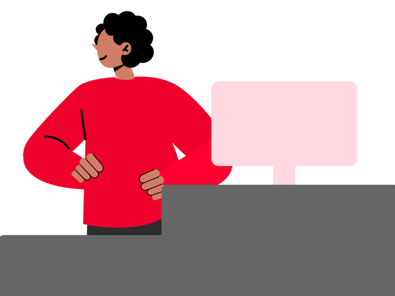 an illustration of a woman wearing a red jumper and smiling as she stands behind a shop till