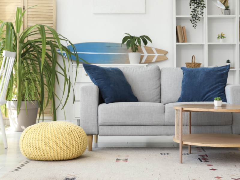 A sofa, cushions, plants and coffee table in a living room