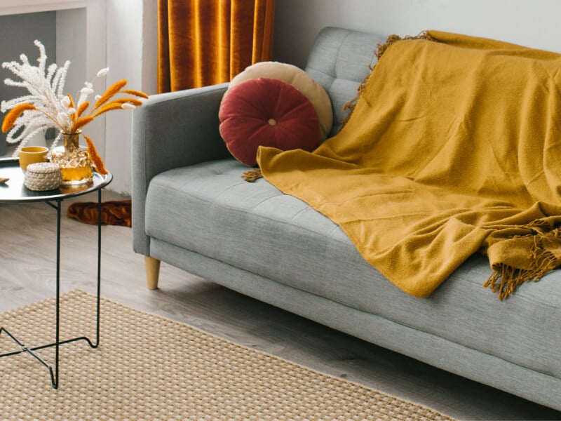 A lounge with a grey sofa, table and autumnal flowers.