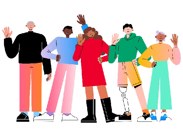 An illustrated icon featuring a range of people from different cultural backgrounds waving and smiling. One of these people, a male, has a prostetic leg.