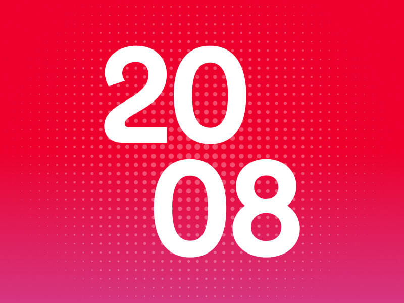 2008 in white text on a red gradient background