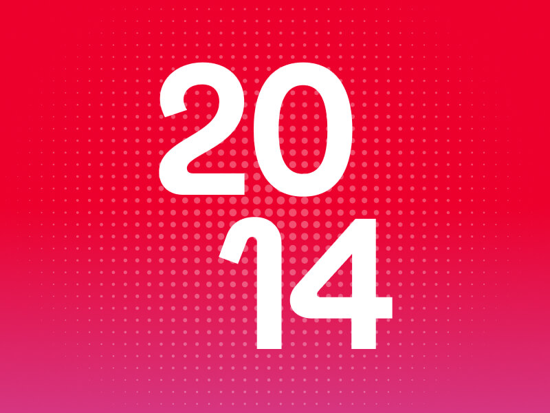 2014 in white font on red gradient background