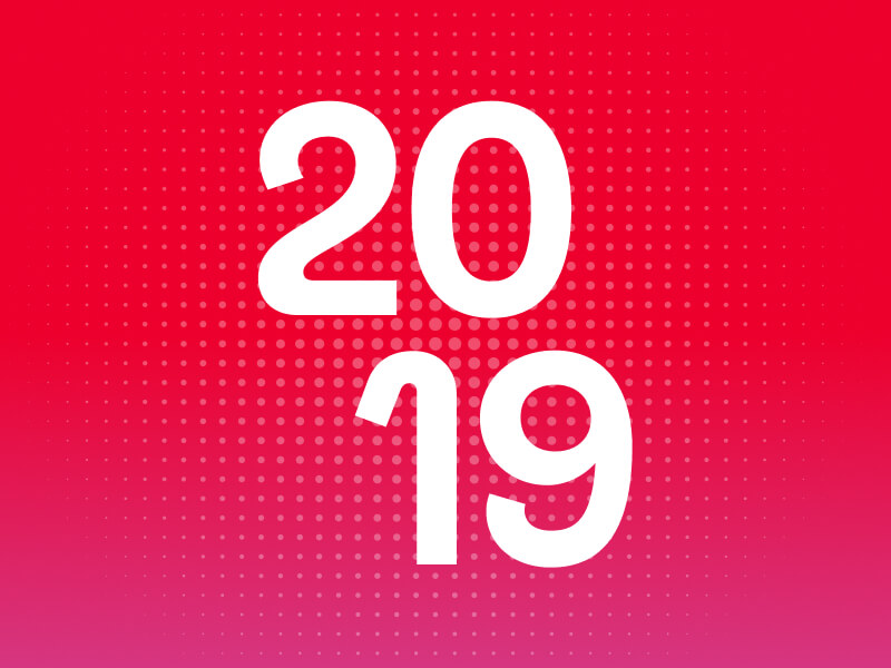 2019 in white font on red gradient background