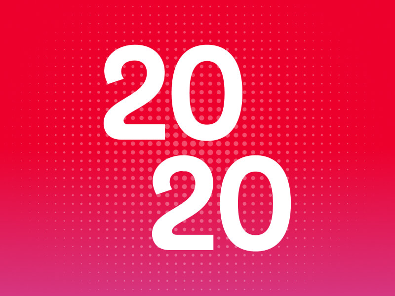 2020 in white font on red gradient background