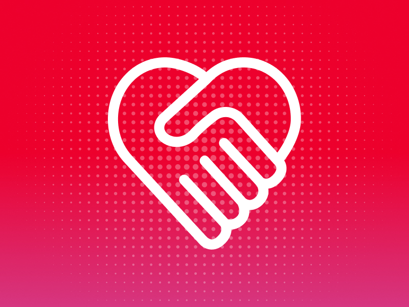 Two hands in the shape of a heart on red gradient background
